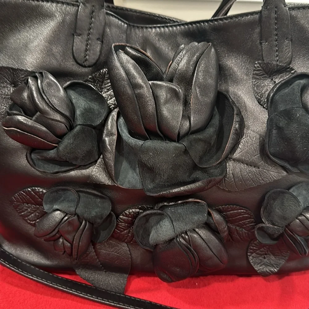 Valentino Garavani Black Napa Leather Flower Detail Shoulder Bag